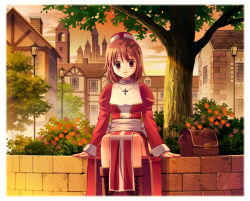 Rule 34 | 1girl, bag, blush stickers, body blush, boots, breasts, brown footwear, brown hair, bush, castle, city, closed mouth, cloud, commentary request, cowboy shot, cross, cross-laced footwear, cross necklace, doridori, eyes visible through hair, flower, hair between eyes, high priest (ragnarok online), house, in-universe location, jewelry, juliet sleeves, lamppost, long sleeves, looking at viewer, medium breasts, necklace, orange flower, photoshop (medium), puffy sleeves, purple flower, ragnarok online, red eyes, red headwear, sash, shadow, sitting, sky, smile, solo, sunset, tree, white sash, window