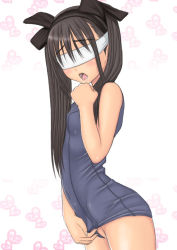 Rule 34 | 1girl, black hair, blindfold, blush, clothing aside, cowboy shot, hair ribbon, long hair, muffin (sirumeria), one-piece swimsuit, open mouth, original, ribbon, saliva, school swimsuit, shiny clothes, solo, swimsuit, swimsuit aside, twintails