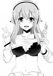 Rule 34 | 1girl, agekichi (heart shape), bad id, bad pixiv id, blush, bra, breasts, cleavage, clothes lift, greyscale, headphones, long hair, looking at viewer, monochrome, navel, nitroplus, open mouth, original, shirt lift, simple background, smile, solo, super sonico, underwear, v, white background