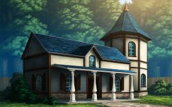 Rule 34 | blue sky, brick, bush, door, fence, forest, game cg, grass, house, justinas vitkus, landscape, leaf, nature, no humans, official art, outdoors, path, road, sky, stone walkway, sunlight, third-party source, touhou, touhou cannonball, window