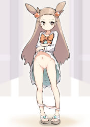 Rule 34 | 1girl, bar censor, bow, bowtie, brown eyes, brown hair, censored, clothes lift, creatures (company), dress, feet, full body, game freak, gym leader, hair ornament, highres, jasmine (pokemon), kawasu, kawasu (kkaawwaass), lifting own clothes, long sleeves, navel, nintendo, panties, panty pull, pointless censoring, pokemon, pokemon hgss, pussy, skirt, skirt lift, slippers, solo, standing, twintails, two side up, underwear