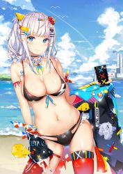 Rule 34 | 1girl, absurdres, bare shoulders, beach, bird, blue eyes, blue sky, blush, breasts, choker, cleavage, closed mouth, cloud, collarbone, cowboy shot, day, gluteal fold, hair between eyes, hair ornament, hairclip, highres, jacket, jewelry, kaguya luna, kiriko (araragikoyomi), large breasts, looking at viewer, nail polish, navel, ocean, off shoulder, outdoors, panties, purple nails, red thighhighs, ring, sand, shiny skin, sidelocks, silver hair, single thighhigh, skindentation, sky, smile, solo, stomach, swimsuit, the moon studio, thigh strap, thighhighs, twintails, underwear, virtual youtuber, yellow nails