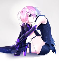 Rule 34 | 1girl, ahoge, armor, armored boots, boots, chamnaitu, fate/grand order, fate (series), from side, grey background, high heel boots, high heels, highres, hugging own legs, looking at viewer, mash kyrielight, naitsu, pink hair, purple eyes, short hair, sitting, smile, solo, thigh boots, thighhighs