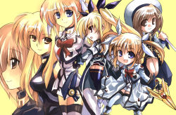 Rule 34 | 00s, 3girls, aged down, aged up, bad anatomy, bad proportions, bardiche (nanoha), beret, blonde hair, blue eyes, bow, breasts, brown hair, buckle, chibi, dual persona, fate testarossa, fingerless gloves, gloves, hair ornament, hair ribbon, hat, jacket, kouno hikaru, large breasts, long hair, looking at viewer, looking away, lyrical nanoha, magical girl, mahou shoujo lyrical nanoha, mahou shoujo lyrical nanoha strikers, multiple girls, open clothes, open jacket, open mouth, poorly drawn, profile, purple eyes, raising heart, red bow, red hair, ribbon, schwertkreuz, short hair, skirt, skirt set, sleeveless, smile, staff, takamachi nanoha, thighhighs, time paradox, twintails, uniform, very long hair, waist cape, x hair ornament, yagami hayate, zettai ryouiki
