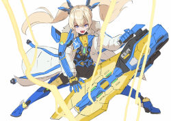 Rule 34 | 1girl, :d, armor, armored bodysuit, armored boots, bandaid, bandaid on cheek, bandaid on face, black bodysuit, blonde hair, blue eyes, bodysuit, boots, breastplate, coat, fang, fur trim, goddess of victory: nikke, headgear, holding, holding weapon, laplace (nikke), laser cannon, long hair, looking at viewer, open mouth, smile, twintails, weapon, white coat, yagi2013