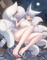 Rule 34 | 1girl, absurdres, animal ear fluff, animal ears, bare shoulders, blue eyes, blush, bottle, breasts, choko (cup), cup, fox ears, fox girl, fox tail, hair between eyes, hair ornament, hairclip, highres, holding, holding cup, large breasts, long hair, looking at viewer, moon, night, onsen, original, sake bottle, sitting, smile, solo, somyo (s0my0), tail, thick thighs, thighs, towel, water
