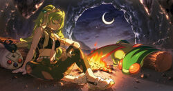 Rule 34 | 1girl, arm support, campfire, closed mouth, cloud, commentary request, creatures (company), crescent moon, fire, flygon, game freak, gcckg, gen 3 pokemon, gloves, green hair, ground miku (project voltage), hair ribbon, hatsune miku, highres, long hair, looking down, moon, necktie, night, nintendo, pants, pokemon, pokemon (creature), project voltage, ribbon, shirt, shoes, sitting, sky, sleeveless, sleeveless shirt, smile, star (sky), starry sky, vocaloid, white footwear