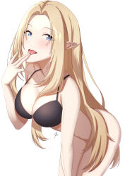 Rule 34 | 1girl, absurdres, alpha (kage no jitsuryokusha ni naritakute!), alternate costume, bare shoulders, black bra, blonde hair, blue eyes, bra, breasts, cleavage, elf, highres, kage no jitsuryokusha ni naritakute!, large breasts, leaning forward, long hair, looking at viewer, mixed-language commentary, pointy ears, raise094, simple background, solo, tongue, tongue out, underwear, underwear only