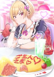 Rule 34 | 2girls, apron, arisugawa natsuha, black dress, blonde hair, blush, bow, bowtie, breasts, cafe, ceiling, cleavage, closed mouth, collarbone, crazy straw, cup, curtains, detached collar, dot nose, dress, dress bow, drink, drinking glass, drinking straw, ear piercing, elbow on table, food, frilled apron, frilled dress, frills, hair between eyes, hamomemi, hanging light, head rest, heart, heart straw, holding, holding spoon, ice, idolmaster, idolmaster shiny colors, indoors, ketchup, lens flare, lettuce, long hair, looking at viewer, maid apron, maid headdress, multiple girls, omelet, omurice, on chair, piercing, pink bow, pink bowtie, pink ribbon, plate, pov, puffy short sleeves, puffy sleeves, purple eyes, red hair, ribbon, saijo juri, scrunchie, short hair, short sleeves, shy, sitting, small breasts, spoon, tomato, white apron, window