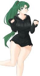 Rule 34 | 1girl, black hoodie, black jacket, breasts, closed mouth, collarbone, curvy, earrings, facing viewer, fire emblem, fire emblem: the blazing blade, fire emblem heroes, green hair, hair between eyes, highres, hood, hoodie, jacket, jewelry, large breasts, long hair, looking at viewer, lyn (fire emblem), nintendo, paw pose, ponytail, smile, solo, standing, standing on one leg, thighs, transparent background, tridisart, wide hips