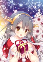 Rule 34 | 1girl, :d, box, brown eyes, capelet, christmas, christmas tree, commentary, english commentary, fur-trimmed capelet, fur trim, gift, gift box, grey hair, hair ornament, hairclip, haruna (kancolle), headgear, highres, holding, holding box, kantai collection, long hair, open mouth, red capelet, santa costume, shigunyan, smile, solo, upper body