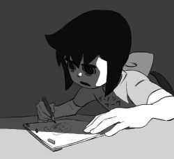 Rule 34 | 10s, 1girl, bags under eyes, bow, constanze amalie von braunschbank-albrechtsberger, drawing, greyscale, hair bow, holding, holding pencil, hori takafumi, hunched over, kagari atsuko, little witch academia, monochrome, official art, open mouth, pencil, ponytail, ribbon, shirt, short sleeves, solo, t-shirt, tired, translated, trigger (company)