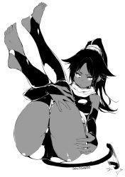 Rule 34 | &gt;:/, 1girl, = =, animal ears, ask02, ass, bare shoulders, barefoot, black cat, black hair, black thighhighs, bleach, breasts, cat, cat ears, cat girl, cat tail, closed mouth, dark-skinned female, dark skin, detached sleeves, elbow gloves, feet, female focus, fingerless gloves, gloves, hair ornament, high ponytail, highleg, highleg leotard, highres, holding legs, knees together feet apart, legs up, leotard, long hair, looking at viewer, monochrome, scarf, shihouin yoruichi, shinigami, shiny clothes, sideboob, skin tight, skindentation, soles, solo, tail, tail wagging, thighhighs, thighs, toes, tsundere, twitter username, white background