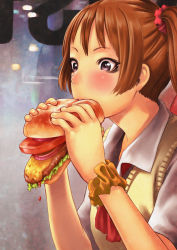 Rule 34 | 1girl, biting, black eyes, blurry, blush, brown hair, burger, burger malfunction, cheese, collared shirt, depth of field, dripping, eating, eyelashes, flat chest, food, hair ornament, hair scrunchie, highres, holding, holding food, hotateyuki, ketchup, lens flare, lettuce, meat, onion, original, scrunchie, shirt, short sleeves, solo, sweater vest, tomato, twintails, uniform, upper body, white shirt, wrist scrunchie