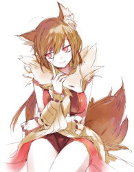 Rule 34 | 1girl, animal, animal around neck, animal ears, arm under breasts, arutopian, breasts, brown hair, closed mouth, commentary request, cowboy shot, detached sleeves, dress, fox, fox ears, fox tail, looking to the side, medium breasts, pelvic curtain, professor (ragnarok online), ragnarok online, red dress, red eyes, short hair, simple background, sleeveless, sleeveless dress, smile, solo, striped sleeves, tail, white background