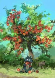 Rule 34 | absurdres, apple, apple tree, artist name, black eyes, blue sky, claws, creatures (company), day, day walker1117, english text, fangs, food, fruit, full body, game freak, gen 4 pokemon, grass, green theme, happy, highres, holding, holding food, holding fruit, looking down, munchlax, nintendo, open mouth, outdoors, outline, path, pawpads, pokemon, pokemon (creature), road, sign, signature, sitting, sketch, sky, smile, solo, tree