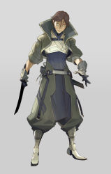 Rule 34 | 1boy, belt, belt buckle, brown hair, buckle, full body, gloves, grey background, grey gloves, hair between eyes, high heels, holding, holding knife, holding weapon, knife, male focus, max-zh, original, puffy pants, scabbard, sheath, short hair, simple background, skin tight, sleeves rolled up, solo, standing, turtleneck, weapon, yellow eyes