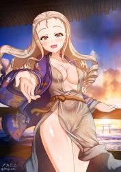 Rule 34 | 1girl, blonde hair, blush, breasts, cameltoe, cleavage, cloud, cloudy sky, collarbone, covered navel, girls und panzer, green eyes, highres, impossible clothes, japanese clothes, kimono, large breasts, long hair, looking at viewer, marie (girls und panzer), megadeko, no bra, no panties, open mouth, shiny skin, sky, smile, solo, yukata