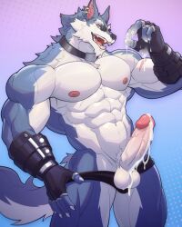 Rule 34 | 1boy, abs, animal ears, bara, black collar, black gloves, black male underwear, claws, collar, commentary, cum, cum on hands, dislyte, earrings, english commentary, erection, fangs, feet out of frame, fingerless gloves, freddy (fenrir) (dislyte), furry, furry male, gloves, highres, jewelry, looking at viewer, male focus, male underwear, muscular, muscular male, nipples, open mouth, pawpads, pectorals, penis, smile, sunglasses, tail, testicles, topless male, uiokv, underwear, wolf boy, wolf ears, wolf tail, yellow eyes