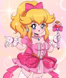 Rule 34 | 1990s (style), 1girl, absurdres, alternate costume, blonde hair, blue eyes, blush, bow, breasts, chellyko, choker, cleavage, collarbone, crown, dress, earrings, gem, gloves, hair bow, heart, highres, holding, jewelry, long hair, looking at viewer, magical girl, mario (series), medium breasts, nintendo, open mouth, pink background, pink bow, pink dress, ponytail, princess peach, retro artstyle, short sleeves, smile, solo, sparkle, sphere earrings, standing, teeth, thighhighs, waist bow, wand, white gloves, white thighhighs