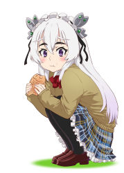 Rule 34 | 1girl, :t, black legwear, blush, brown footwear, cardigan, chaika trabant, closed mouth, collared shirt, commentary request, food, food on face, from side, full body, hair between eyes, hairband, highres, hitsugi no chaika, holding, holding food, loafers, lolita hairband, long hair, looking at viewer, plaid, plaid skirt, purple eyes, red neckwear, shirt, shoes, skirt, solo, squatting, taiyaki, ueyama michirou, very long hair, wagashi, white background, white hair, wing collar