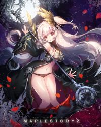 Rule 34 | 00s, 1girl, black panties, black ribbon, blue n, breasts, copyright name, detached sleeves, hair ornament, hair ribbon, holding, holding weapon, long hair, looking at viewer, maplestory, moon, navel, open mouth, panties, petals, red eyes, ribbon, silver hair, solo, two side up, underwear, weapon
