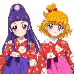 Rule 34 | 2girls, asahina mirai, blue hair, blunt bangs, closed mouth, commentary, floral print, hair ornament, hair ribbon, hakama, highres, izayoi liko, japanese clothes, kimono, kousuke0912, long hair, looking at viewer, mahou girls precure!, messy hair, multiple girls, one side up, orange hair, pink eyes, pink hakama, precure, print kimono, purple eyes, purple hakama, red kimono, red ribbon, ribbon, short hair, simple background, smile, standing, straight hair, white background