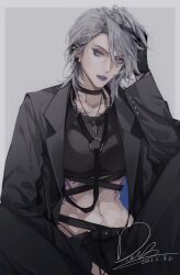Rule 34 | 1girl, abs, absurdres, artist name, black coat, black gloves, black pants, black shirt, blue eyes, coat, collarbone, crop top, dated, doo58455, earclip, eyeliner, eyeshadow, glitter makeup, gloves, grey background, grey hair, hand in own hair, highres, jewelry, knees up, lapels, looking at viewer, makeup, medium hair, midriff, navel, navel piercing, necklace, notched lapels, open clothes, open coat, pants, path to nowhere, piercing, purple eyeshadow, purple lips, shirt, signature, silver necklace, sitting, solo, tattoo, toned, watermark, zoya (path to nowhere)
