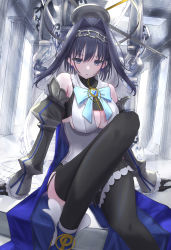 Rule 34 | 1girl, absurdres, black gloves, black thighhighs, blue capelet, blue eyes, blue hair, bow, bow earrings, bowtie, breasts, capelet, chain, chain headband, cleavage cutout, clock hands, clothing cutout, detached sleeves, earrings, garter straps, gloves, hair intakes, halo, head chain, highres, hinataaoi (iraiuketsukechuu), hololive, hololive english, jewelry, knee up, large breasts, looking at viewer, mechanical halo, miniskirt, ouro kronii, parted lips, pillar, short hair, sitting, skirt, solo, thighhighs, veil, virtual youtuber