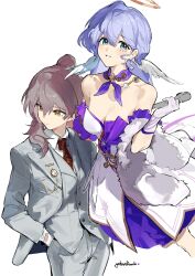 Rule 34 | 2girls, absurdres, alternate costume, alternate hairstyle, bare shoulders, breasts, cleavage, detached sleeves, dress, earrings, formal, gloves, gohanduck, green eyes, grey hair, halo, hands in pockets, head wings, highres, holding, holding microphone, honkai: star rail, honkai (series), jewelry, looking at viewer, looking to the side, medium breasts, microphone, multiple girls, necklace, necktie, pants, ponytail, purple hair, robin (honkai: star rail), standing, stelle (honkai: star rail), strapless, strapless dress, suit, trailblazer (honkai: star rail), white background, white gloves, wings, yellow eyes