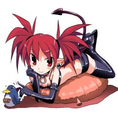 Rule 34 | bat wings, choker, demon girl, disgaea, elbow gloves, etna (disgaea), feet, flat chest, gloves, highres, lying, miniskirt, on stomach, pillow, pointy ears, prinny, red eyes, red hair, skirt, solo, tail, takaya n, thighhighs, twintails, wings