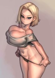 Rule 34 | 1girl, alternate breast size, android 18, black panties, blonde hair, blue eyes, bob cut, breasts, curvy, dragon ball, dragonball z, female pubic hair, grey background, groin, highres, huge breasts, kelvin hiu, legs, looking at viewer, medium hair, navel, no bra, panties, panty pull, parted lips, pubic hair, pulling own clothes, simple background, solo, standing, thighs, underwear, undressing, wide hips