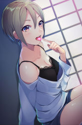 Rule 34 | 1girl, bare shoulders, bbbannooo, black camisole, black eyes, blush, breasts, camisole, cleavage, collarbone, earrings, finger to tongue, grey hair, hair between eyes, highres, idolmaster, idolmaster cinderella girls, jewelry, lace, long sleeves, looking at viewer, medium breasts, off-shoulder shirt, off shoulder, open mouth, parted bangs, petals, shiomi syuko, shirt, short hair, short shorts, shorts, shouji, sitting, sliding doors, smile, solo, tongue, tongue out