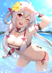 Rule 34 | 1girl, absurdres, ahoge, bikini, breasts, butt crack, cleavage, flower, hair flower, hair ornament, highres, large breasts, leaning forward, long hair, matoi (pso2), multicolored bikini, multicolored clothes, navel, one eye closed, open mouth, outdoors, partially submerged, phantasy star, phantasy star online 2, rin ateria, side-tie bikini bottom, solo, sparkle, sunlight, swimsuit, teeth, twintails, upper teeth only, water, wet, white hair
