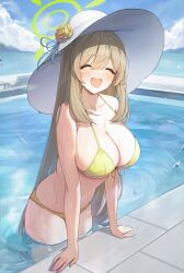 Rule 34 | 1girl, :d, ^ ^, absurdres, arm support, bikini, blue archive, blue sky, breasts, brown hair, closed eyes, cloud, commentary, day, flower, green halo, halo, hat, hat flower, highres, large breasts, long hair, lunia, navel, nonomi (blue archive), nonomi (swimsuit) (blue archive), official alternate costume, open mouth, outdoors, partially submerged, pool, rose, sky, smile, solo, swimsuit, water, wet, white hat, yellow bikini, yellow flower, yellow rose