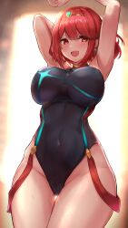 Rule 34 | 1girl, :d, absurdres, armpits, arms up, black one-piece swimsuit, blush, breasts, covered navel, cowboy shot, earrings, headpiece, highres, jewelry, kihou no gotoku dmc, large breasts, looking at viewer, one-piece swimsuit, open mouth, pyra (pro swimmer) (xenoblade), pyra (xenoblade), red eyes, red hair, short hair, smile, solo, sweat, swimsuit, teeth, thick thighs, thigh gap, thighs, upper teeth only, xenoblade chronicles (series), xenoblade chronicles 2