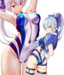 Rule 34 | 1girl, arm behind back, armpits, arms up, ass, bare shoulders, blue bow, blue jacket, blue one-piece swimsuit, blush, bow, breasts, commentary, competition swimsuit, covered navel, fate/grand order, fate (series), groin, hair between eyes, hair bow, hand on shoulder, high ponytail, highleg, highres, jacket, kariza, large breasts, long hair, looking at viewer, multiple views, one-piece swimsuit, parted lips, ponytail, red eyes, short sleeves, shrug (clothing), silver hair, simple background, skindentation, swimsuit, thigh strap, thighs, tomoe gozen (fate), tomoe gozen (swimsuit saber) (fate), tomoe gozen (swimsuit saber) (first ascension) (fate), white background, white one-piece swimsuit
