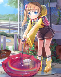 Rule 34 | 1girl, backpack, bag, blue eyes, boots, brown hair, chain-link fence, fence, hood, jin young-in, leaning forward, long hair, original, plant, puddle, rainbow, raincoat, randoseru, rubber boots, school uniform, scrunchie, side ponytail, socks, solo, standing, umbrella