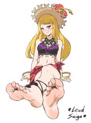 Rule 34 | 1girl, absurdres, arm support, artist name, barefoot, barefoot sandals (jewelry), blonde hair, bracelet, breasts, chelle (dragalia lost), cleavage, cleavage cutout, closed mouth, clothing cutout, commission, crossed legs, dragalia lost, feet, foot focus, green eyes, hat, highres, jewelry, large breasts, lewdsaiga, long hair, looking at viewer, nail polish, red nails, red skirt, simple background, sitting, skirt, smile, soles, solo, straw hat, swimsuit, toe ring, toenail polish, toenails, toes, white background