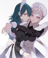 Rule 34 | 2girls, alternate costume, apron, black dress, blue hair, bow, breast press, breasts, byleth (female) (fire emblem), byleth (fire emblem), cowboy shot, dress, edelgard von hresvelg, enmaided, fire emblem, fire emblem: three houses, highres, hug, lips, long sleeves, looking at viewer, looking back, maid, maid apron, maid headdress, medium breasts, multiple girls, nahonanaho, nintendo, parted bangs, pink eyes, profile, puffy long sleeves, puffy sleeves, purple eyes, silver hair, simple background, symmetrical docking, white background, wrist cuffs