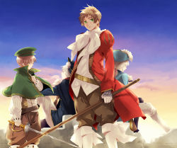Rule 34 | 4boys, ahoge, axis powers hetalia, back-to-back, bad id, bad pixiv id, belt, bicorne, blonde hair, bow, bowtie, brown hair, capelet, child, colored eyelashes, ascot, closed eyes, flower, france (hetalia), gloves, green eyes, gun, hand on own chest, hat, hat feather, hat flower, highres, jacket, karashio, long sleeves, male focus, military, military uniform, multiple boys, open clothes, open jacket, outdoors, pants, peaked cap, plant, polearm, ponytail, prussia (hetalia), puffy sleeves, rapier, red eyes, rifle, rose, serious, silver hair, sitting, sky, smile, soldier, southern italy (hetalia), spain (hetalia), standing, sunset, sword, uniform, weapon, white flower, white gloves, white legwear, white rose, yellow eyes, aged down