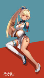 Rule 34 | 1girl, absurdres, ahoge, arpeggio kaga, artist name, asymmetrical footwear, bare legs, black panties, blonde hair, blue background, blue bow, blue footwear, bow, breasts, brown gloves, china dress, chinese clothes, cleavage, cleavage cutout, closed mouth, clothing cutout, commentary, dark-skinned female, dark skin, dress, fingerless gloves, gloves, hair between eyes, hair bow, high heels, highres, hololive, invisible chair, long hair, looking at viewer, medium breasts, mismatched footwear, multicolored hair, panties, panty straps, pelvic curtain, pointy ears, ponytail, red background, red eyes, shiranui flare, shiranui flare (old design), shoulder cutout, side-tie panties, signature, simple background, single thighhigh, sitting, smile, solo, straight hair, streaked hair, tassel, thighhighs, thighs, two-tone background, two-tone hair, underwear, virtual youtuber, white dress, white footwear, white hair, white thighhighs, zettai ryouiki