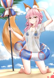 Rule 34 | 10s, 1girl, absurdres, animal ear fluff, animal ears, arm up, beach umbrella, bikini, blue bikini, blush, breasts, brown eyes, cleavage, closed umbrella, covered navel, fate/extra, fate/grand order, fate (series), fox ears, fox tail, highres, kneeling, long hair, looking at viewer, moyoron, navel, pink hair, see-through, smile, solo, swimsuit, tail, tamamo (fate), tamamo no mae (fate/extra), tamamo no mae (swimsuit lancer) (fate), tamamo no mae (swimsuit lancer) (second ascension) (fate), umbrella, wet, wet clothes