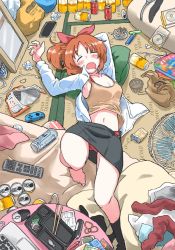 Rule 34 | 1girl, abe nana, arm behind head, ashtray, bag, barefoot, beer can, bento, black skirt, black socks, blush, bow, bra, bra strap, breasts, calculator, can, cd, cellphone, chips (food), chopsticks, cigarette, cigarette butt, cigarette pack, cleavage, closed eyes, collarbone, collared shirt, commentary request, computer, controller, crumpled paper, cup, disposable cup, drink can, drooling, earphones, electric plug, fish, food, full-length mirror, grey bra, hair bow, hand fan, highres, idolmaster, idolmaster cinderella girls, joy-con, laptop, lighter, magazine (object), mirror, mouth drool, on floor, open can, open clothes, open mouth, open shirt, panties, panty peek, pantyshot, partially undressed, pen, phone, plastic bag, ponytail, popsicle, power strip, red bow, red bra, red panties, remote control, rubber band, sex toy, shirt, single sock, skirt, sleeping, smartphone, socks, solo, table, tank top, tatami, trash, trash bag, undershirt, underwear, unworn socks, vibrator, white shirt, zk (zk gundan)