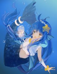 Rule 34 | 1girl, blue background, blue eyes, blue hair, blue theme, blush, bracelet, full body, hair ornament, jellyfish, jewelry, long hair, lots of jewelry, low-tied long hair, madou monogatari, matching hair/eyes, mermaid, monster girl, puyopuyo, serilly (puyopuyo), shiyoko (syokorate), smile, solo, star (symbol), star hair ornament, underwater
