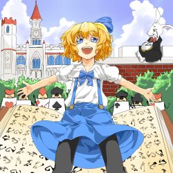 Rule 34 | 1girl, :d, album cover, alice in wonderland, alice margatroid, alice margatroid (pc-98), army, bad id, bad pixiv id, black pantyhose, blonde hair, blue eyes, blush, book, bow, card, cover, female focus, hair bow, hair ribbon, hairband, highres, kamo (yokaze), lance, open mouth, outstretched arms, pantyhose, parody, pocket watch, polearm, rabbit, ribbon, short hair, skirt, smile, suspenders, teeth, touhou, touhou (pc-98), watch, weapon, white rabbit (alice in wonderland)