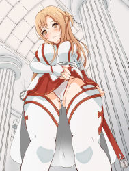 Rule 34 | 10s, 1girl, absurdres, arykei, asuna (sao), blush, braid, breasts, brown eyes, brown hair, cameltoe, colored eyelashes, column, curvy, from below, highres, long hair, panties, pantyshot, pillar, sheath, solo, sword art online, thick thighs, thighhighs, thighs, underwear, wide hips