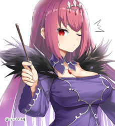 Rule 34 | 1girl, breasts, cleavage, closed mouth, collar, commentary request, detached collar, dress, fate/grand order, fate (series), feather trim, fingernails, food, headpiece, holding, holding food, large breasts, long hair, long sleeves, looking at viewer, one eye closed, pocky, purple collar, purple dress, purple hair, red eyes, scathach (fate), scathach skadi (fate), simple background, solo, ^^^, twitter username, tyone, upper body, very long hair, white background, wide sleeves
