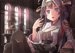 Rule 34 | 10s, 1girl, bad id, bad pixiv id, blue eyes, brick wall, cake, food, fruit, highres, indoors, kantai collection, kongou (kancolle), crossed legs, light rays, looking at viewer, nontraditional miko, open mouth, raised eyebrows, sandwich, saraki, sitting, solo, strawberry, sunbeam, sunlight, teapot, thighhighs, tiered tray, window, wooden chair
