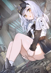 Rule 34 | 1girl, adapted costume, ahoge, ankle boots, bare legs, black bow, black bowtie, black skirt, blush, boots, bow, bowtie, breasts, bullet, capelet, commentary, dutch angle, goddess of victory: nikke, hair between eyes, hands on own thighs, head-mounted display, highres, long hair, long sleeves, looking at viewer, open mouth, panties, pantyshot, shirt, sidelocks, sitting, skirt, small breasts, snow white (innocent days) (nikke), snow white (nikke), socks, solo, thighs, underwear, white capelet, white hair, white shirt, white socks, yellow eyes, yougenko